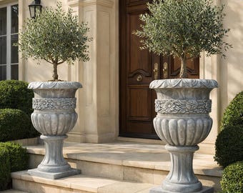 Macetero de jardín de mármol tallado a mano con pedestal clásico.