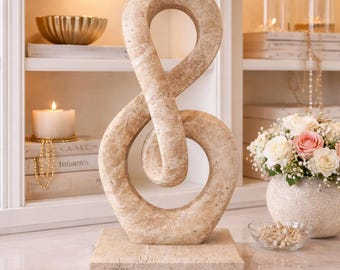 Escultura Infinity de travertino tallada a mano – Adorno decorativo para el hogar en mármol beige natural