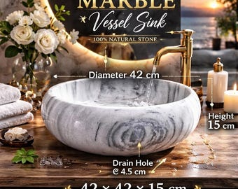 Lavabo de mármol tallado a mano – Lavabo redondo de piedra natural para baño – Decoración de lujo (42x42x15 cm)