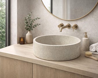 Lavabo de piedra natural hecho a mano – Lavabo redondo de mármol de 30 cm para baño