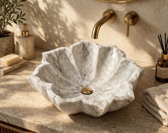 Lavabo de mármol tallado a mano con forma de flor – Lavabo de pétalos de 48 cm, tocador de baño escultural