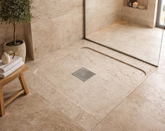 Plato de ducha de travertino natural de 90 cm, base de ducha a ras de suelo de piedra beige, acabado pulido.