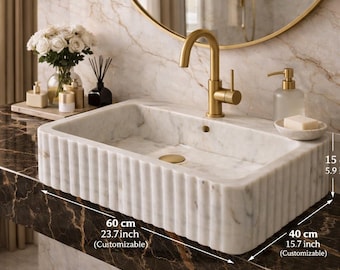 Lavabo de mármol estriado de lujo – Lavabo de baño de piedra natural de 60 cm