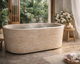 Bañera exenta de travertino hecha a mano – Bañera de hidromasaje de piedra natural maciza (180 cm)