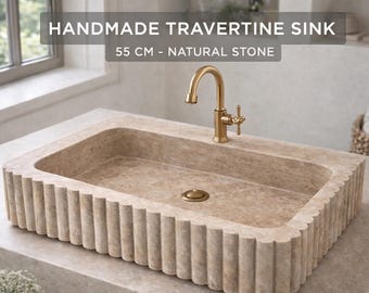 Lavabo estriado de mármol travertino, 55 x 45 cm, lavabo de piedra hecho a mano.