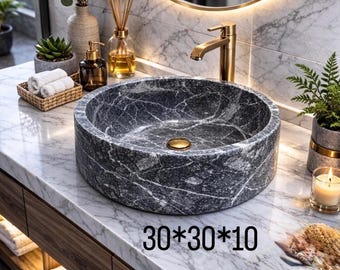 Lavabo de mármol natural – Lavabo redondo de piedra de 30 cm para baño – Lavabo de encimera hecho a mano
