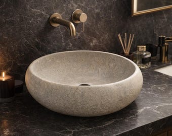 Lavabo de piedra caliza tallado a mano – Lavabo de baño con textura de fósil natural