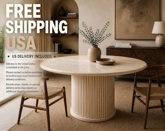 Travertine Round Dining Table 100cm, Fluted Pedestal Base, Natural Stone Table, Free Shipping USA