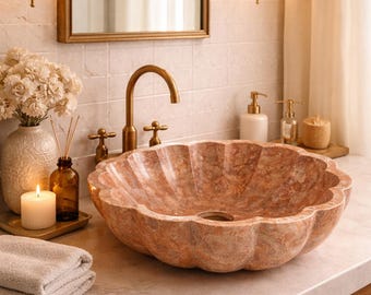 Lavabo de travertino Verona Shell hecho a mano, lavabo de baño de piedra natural