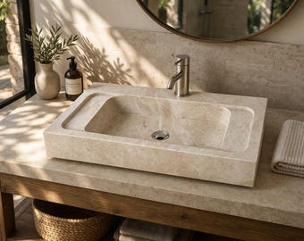 Lavabo de travertino hecho a mano – Lavabo de mármol beige natural – Decoración moderna para el baño