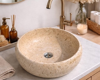 Lavabo de travertino artesanal – Lavabo de baño de piedra natural (42 cm)
