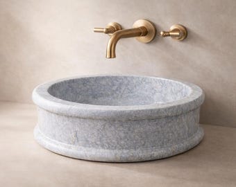 Lavabo redondo de mármol hecho a mano, lavabo de piedra azul grisácea clara, lavabo de tocador de 30 cm.