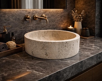 Lavabo redondo de travertino natural de 42 cm – Lavabo de baño de piedra – Decoración de spa tallada a mano