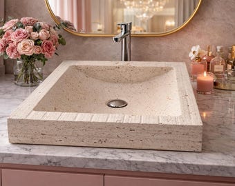 Lavabo de piedra travertino hecho a mano, lavabo de baño moderno de perfil bajo.