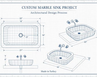 Proyecto de lavabo de mármol a medida: diseño de lavabo de baño personalizado en piedra natural, travertino o mármol.