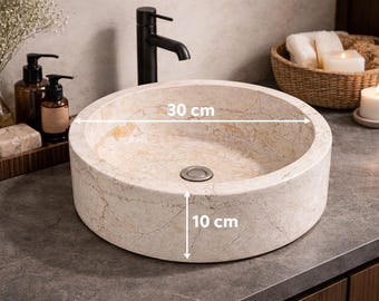 Lavabo de mármol beige – Lavabo de encimera de piedra natural tallado a mano (30 cm)