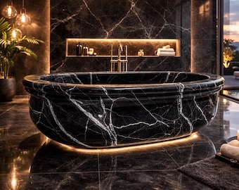 Bañera de mármol negro Nero Marquina tallada a mano – Bañera de piedra de lujo independiente (195x95x65 cm)