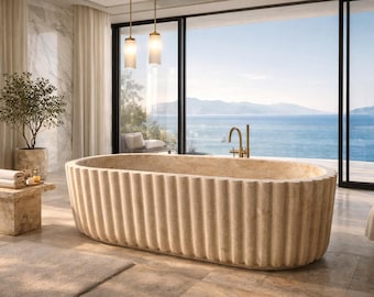 Bañera de travertino estriada – Bañera de piedra natural tallada a mano, estilo spa mediterráneo, 190 cm