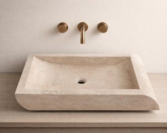Lavabo de piedra travertino tallado a mano – Tocador de baño de color beige natural de 70 cm