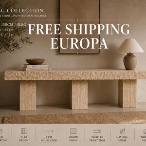 May include: A beige travertine stone bench with three legs. The bench is 59 inches long, 11.8 inches wide, and 12.6 inches high. The image also includes a lamp, books, and a decorative bowl. The text on the image says "3 LEG COLLECTION" and "TIMELESS STONE, ARCHITECTURAL BALANCE."