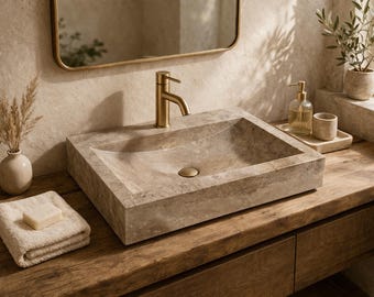 Lavabo de travertino hecho a mano – Lavabo de mármol beige natural