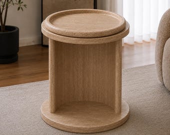 Mesa auxiliar con bandeja de travertino hecha a mano, mesa auxiliar de piedra desmontable para servir.