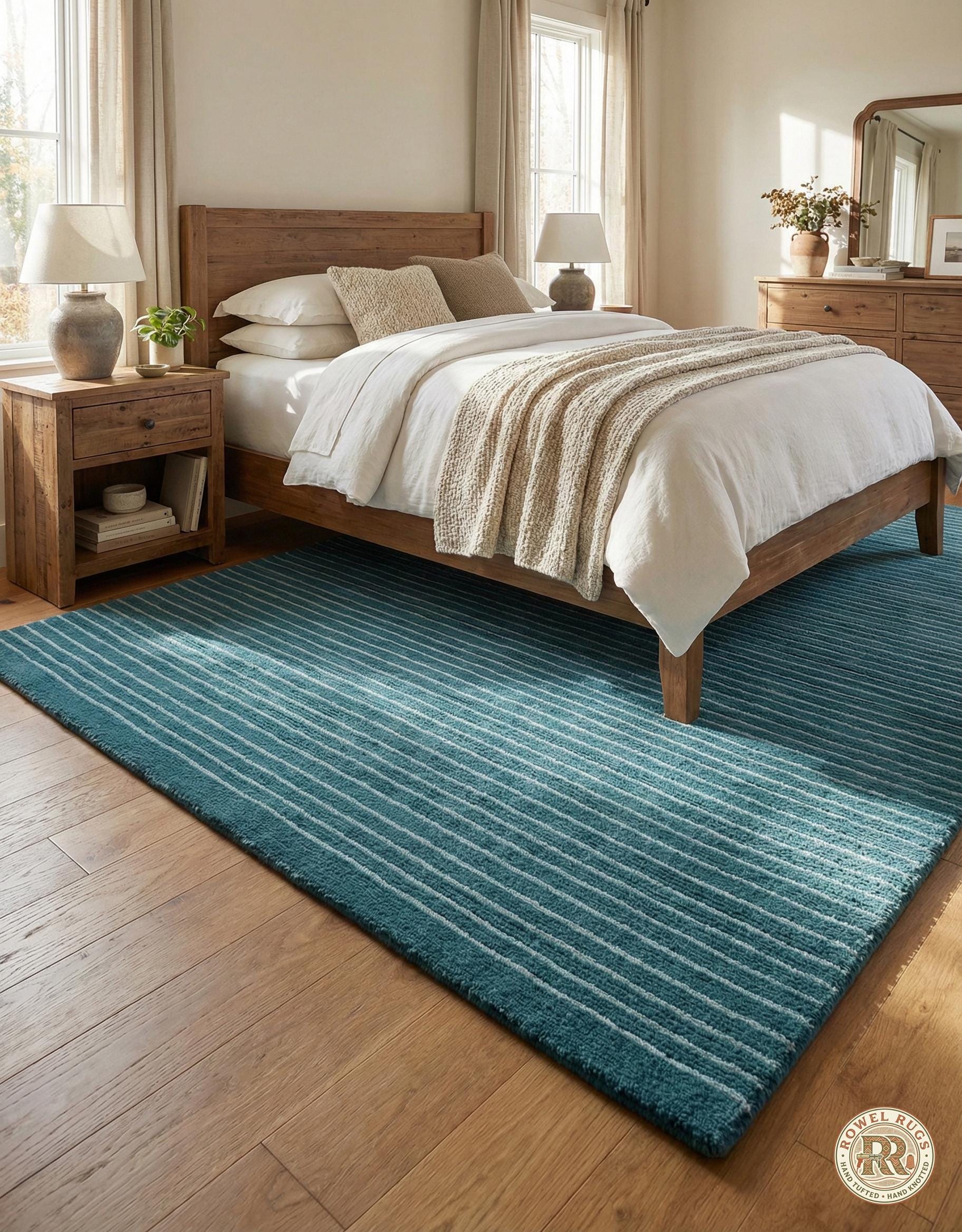 Teal Striped Hand Tufted Wool Rug Modern Minimalist Living Room Carpet ...
