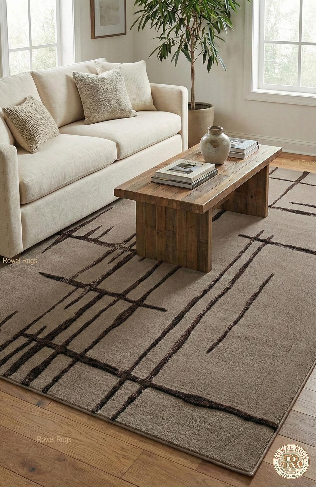 Modern Abstract Hand Tufted Wool Rug Neutral Beige Minimalist Living ...