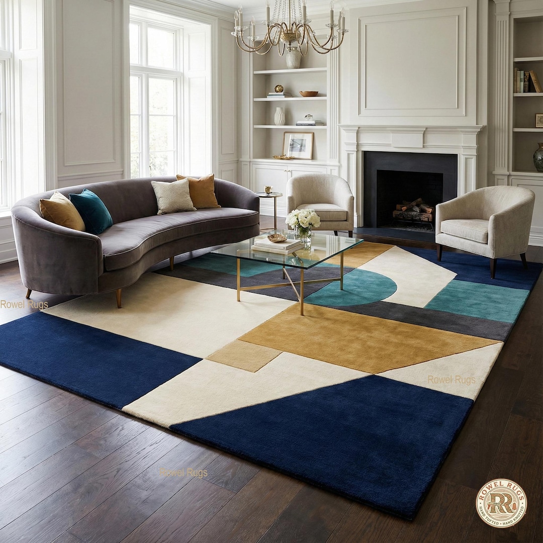 Modern Hand Tufted Wool Rug Navy Blue Gold Geometric Luxury Living Room ...