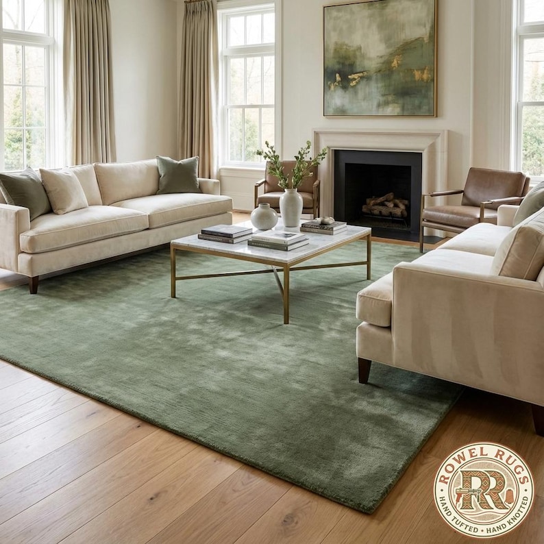 Solid Sage Green Luxury Hand Tufted Wool Rug Plush Modern Minimal Area ...