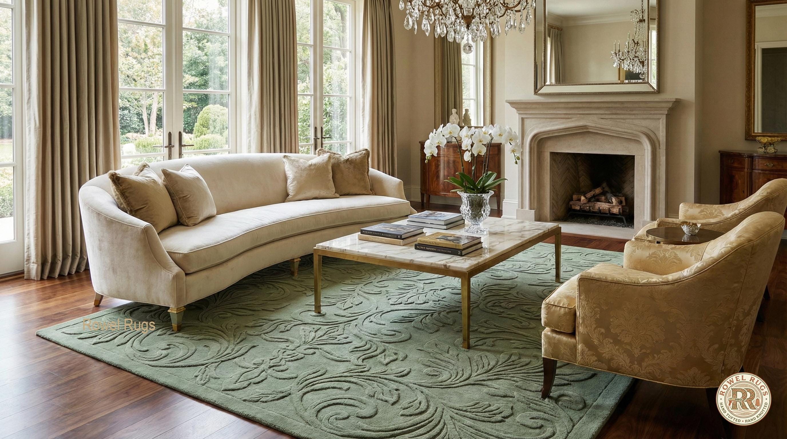 Sage Green Hand Tufted Wool Rug Embossed Floral Leaf Pattern 3D Texture ...