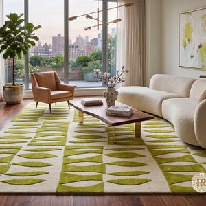 May include: A large area rug featuring a repeating geometric pattern of lime green leaf-like shapes on a cream background. The rug is positioned in a living room with a curved cream sofa, a wooden coffee table, and a tan leather armchair.