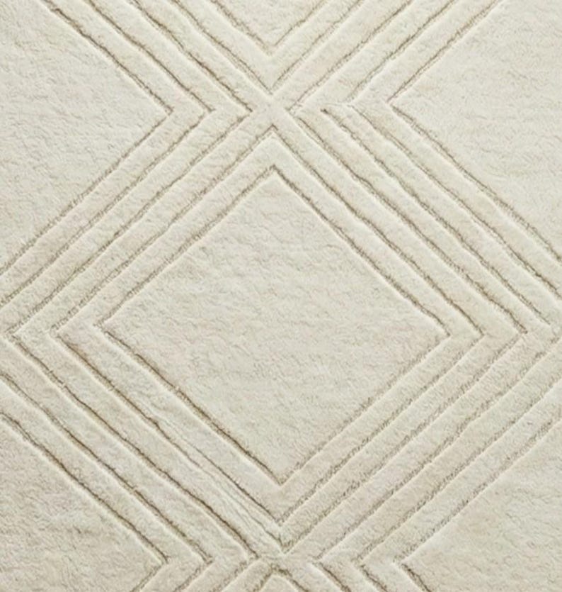Solid Hand Tufted Wool Rug Cream Geometric Hi Low Textured Modern Area ...
