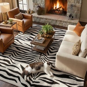 Könnte beinhalten: Wohnzimmer mit Zebra-Teppich, weißem Sofa und zwei braunen Ledersesseln. Ein Kamin mit Steinfassade und brennendem Feuer im Hintergrund. Eine Katze liegt auf dem Teppich.