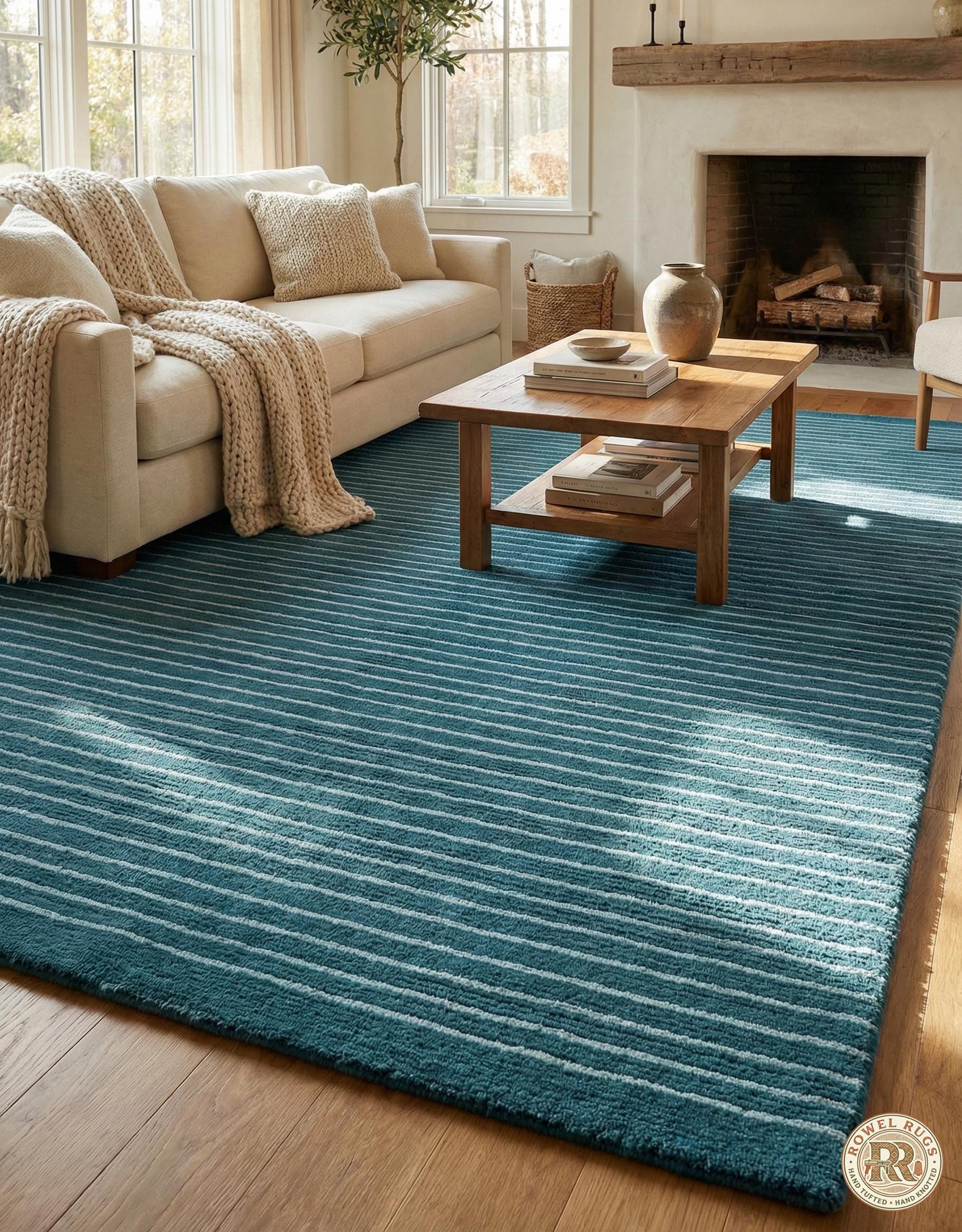 Teal Striped Hand Tufted Wool Rug Modern Minimalist Living Room Carpet ...