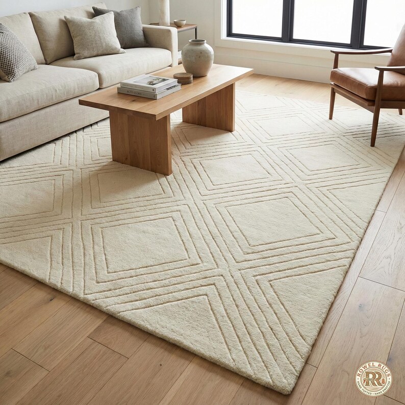 Cream Color Area Rug Solid Hand Tufted Wool Rug Cream Geometric Hi Low Textured Modern Area ...