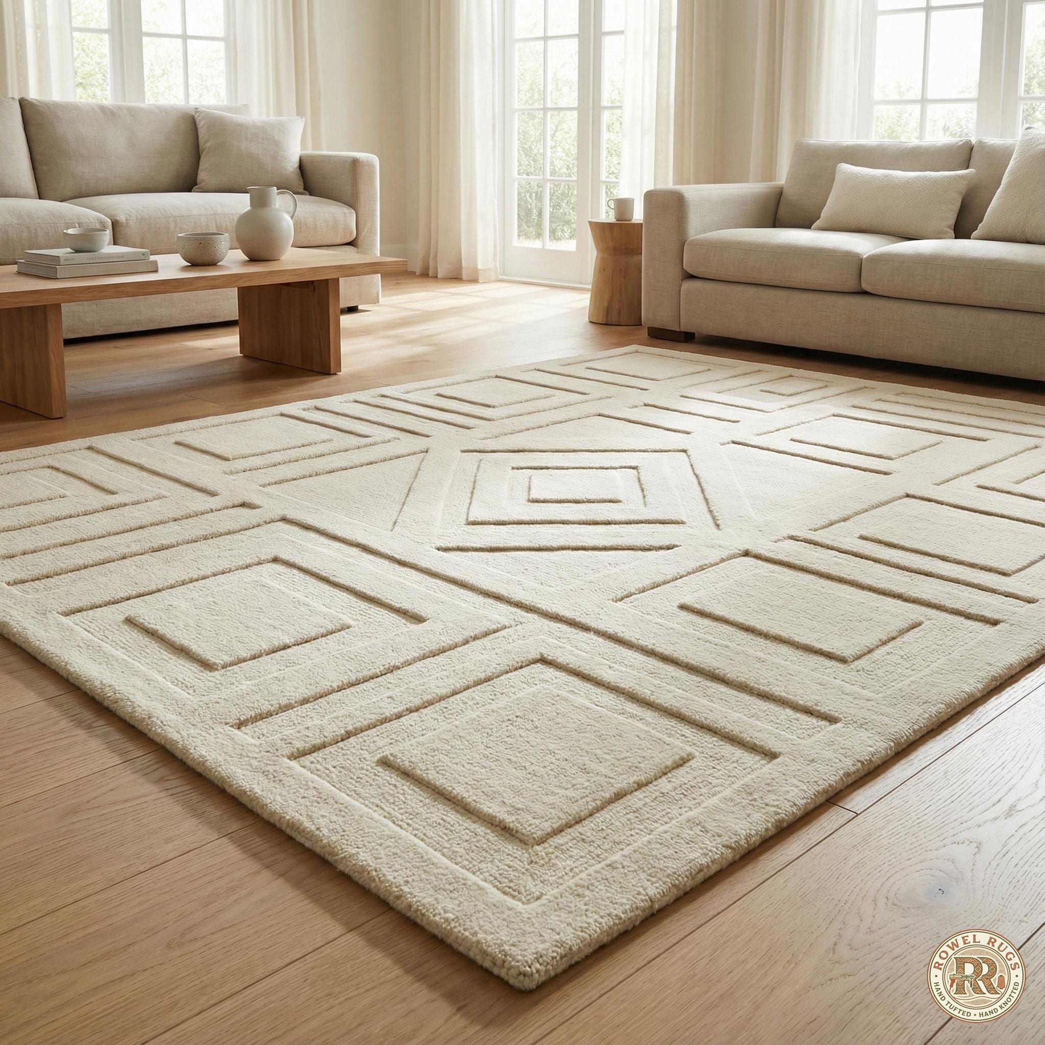 Cream Hand Tufted Wool Solid Rug Geometric Hi Low Textured Modern Area ...