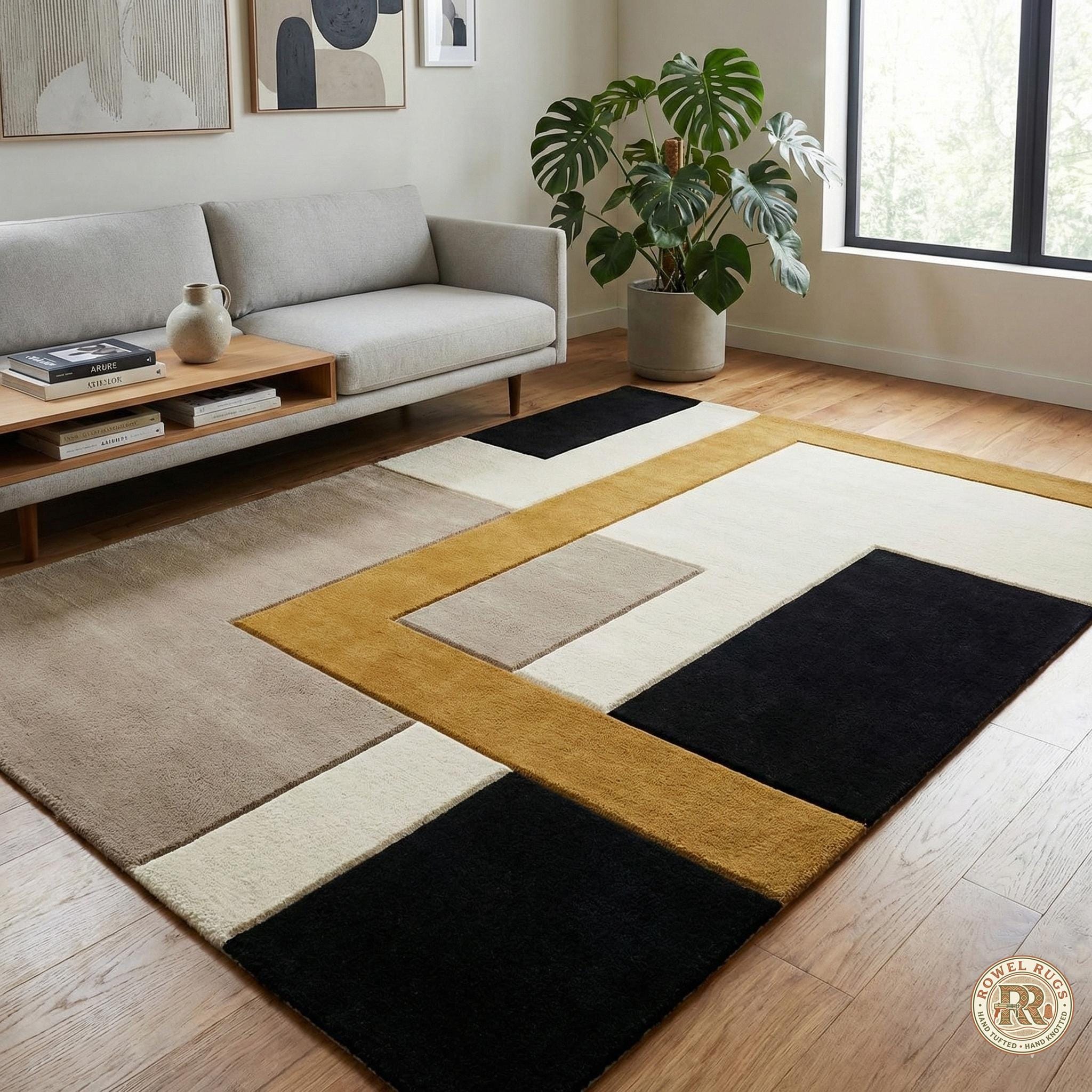 Modern Geometric Hand Tufted Wool Rug, Black Gold Neutral Luxury Area ...