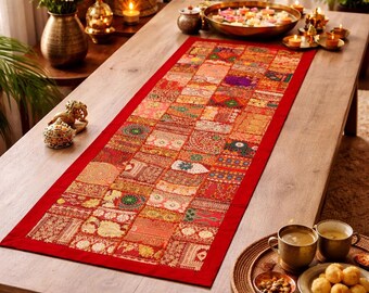 Orange Embroidered Patchwork Table Runner Indian Decorative Home Decor Entryway And Hallway Runner