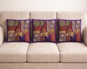 3er Set handgefertigte indische Patchwork Kissenbezüge, Boho bestickte Kissen