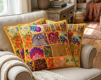 Handmade Embroidered Patchwork Pillow Cover Set, Boho Home Decor
