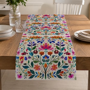 Op de afbeelding: Een kleurrijke bloemen tafelloper met een crèmekleurige achtergrond. De loper heeft een symmetrisch ontwerp van bloemen en bladeren in roze, blauw, oranje en groen. De loper ligt op een houten tafel.