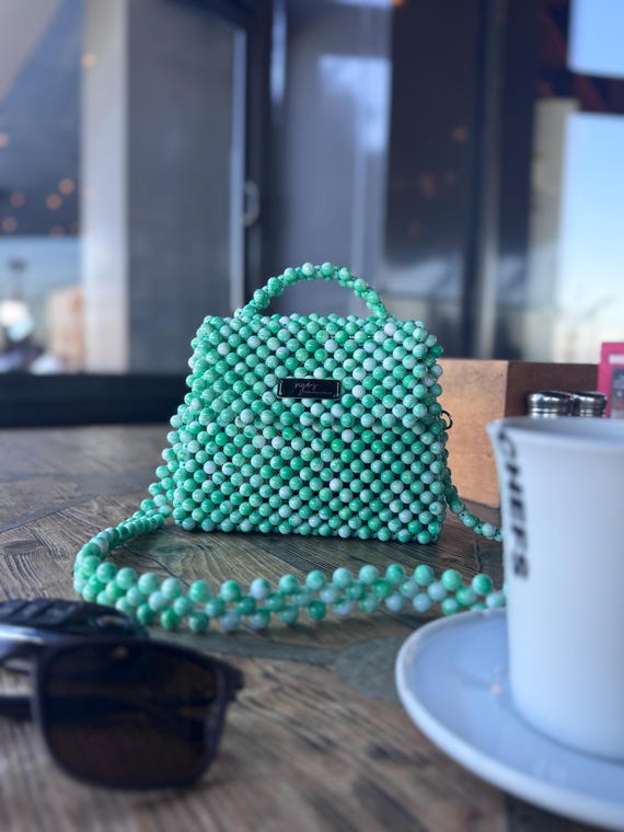 Green Ombre Handbag, Handmade Handbag, Top Handle Purse with Long Strap, Beaded Bag With Handle, Handmade Gift, Perfect for Valentine’s Day