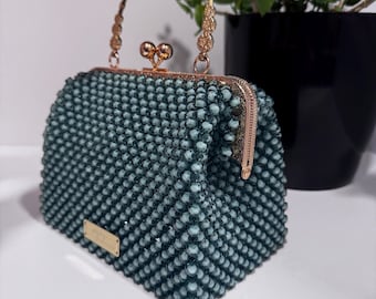 Green Beaded Evening Bag, Kiss Lock Clutch, Top Handle Mini Purse, Bridal Bag, Mother's Day, Gift for Mom, Gift for Her