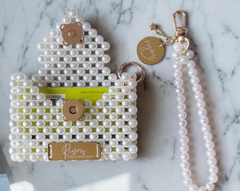 Beaded Card Holder with Wrist Strap, Pearl Mini Wallet, Elegant Clutch, Mother's Day, Gift for Mom, Gift for Her