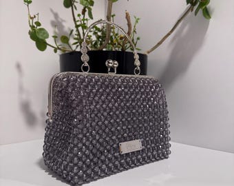 Riyms Perlen Abendtasche, handgefertigte graue Acrylperlen Geldbörse, Vintage Kiss Lock Clutch, Luxus Brautpartytasche, Geschenk für Sie