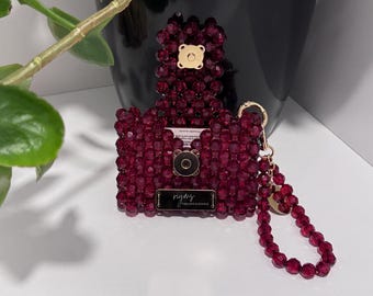 Handmade Burgundy Beaded Card Holder, Beaded Wallet, Acrylic Beads, Gold Tone Wrist Strap, Mother's Day, Gift for Mom, Gift for Her