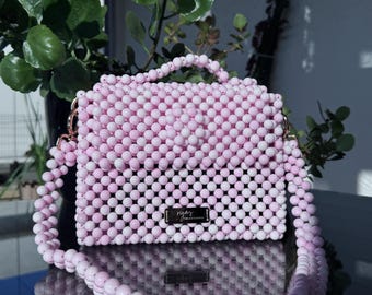 Pink Ombre Beaded Bag, Beaded Shoulder Bag, Handmade Mini Box Purse, Top Handle Bag, Bridal Shower Gift, Anniversary Gift, Handmade Gift