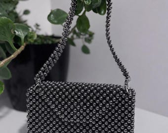 Anthracite Beaded Evening Bag, Elegant Bridal Purse, Top Handle Bag, Handmade Purse, Metallic-Look Beaded Bag, Gift for Mom, Gift for Her