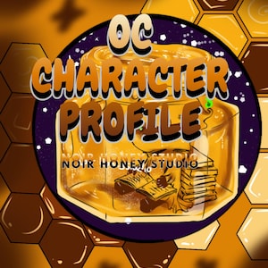 Puede incluir: Una ilustración digital con el texto "OC CHARACTER PROFILE" en naranja y blanco, sobre un fondo morado y dorado. La imagen incluye un diseño temático de miel con un patrón de panal y las palabras "NOIR HONEY STUDIO".